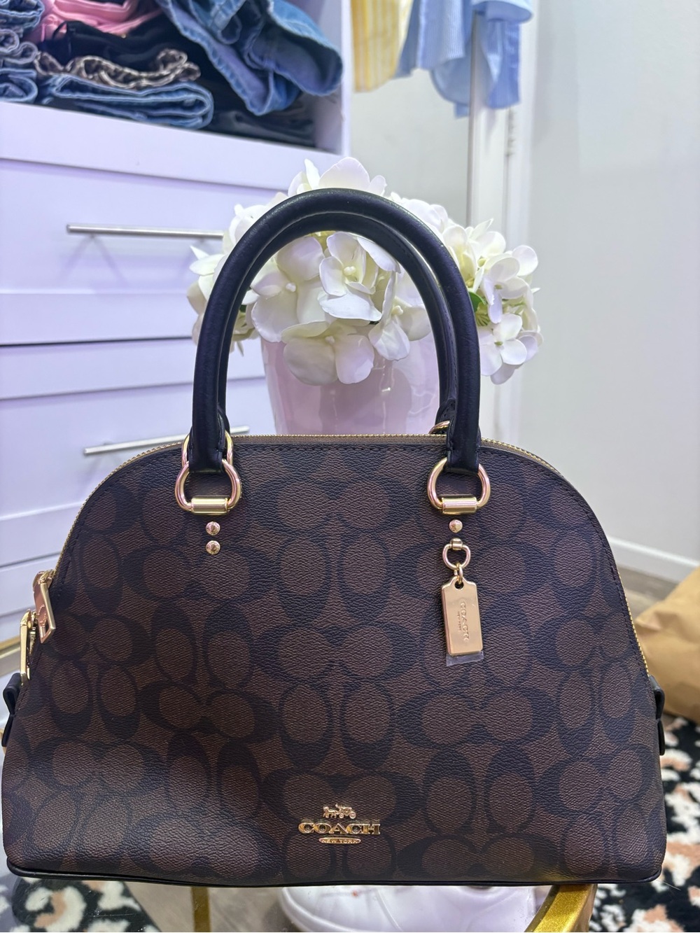 Coach Dark Brown Signature Dome Satchel with Black Handles